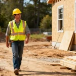 A smiling custom home builder walks a job site