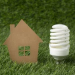 A cardboard house cutout sits next to an energy-efficient lightbulb on green grass