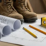 A builder’s worktable with blueprints, a level, pencils, and well-worn work boots on top