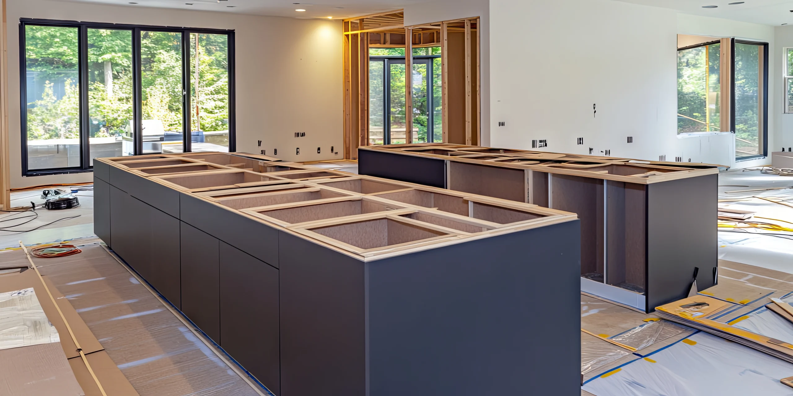 Fresh Home Renovations In Troy, MO | BECC Builders, LLC A kitchen under construction in a white house with two countertops and large windows.