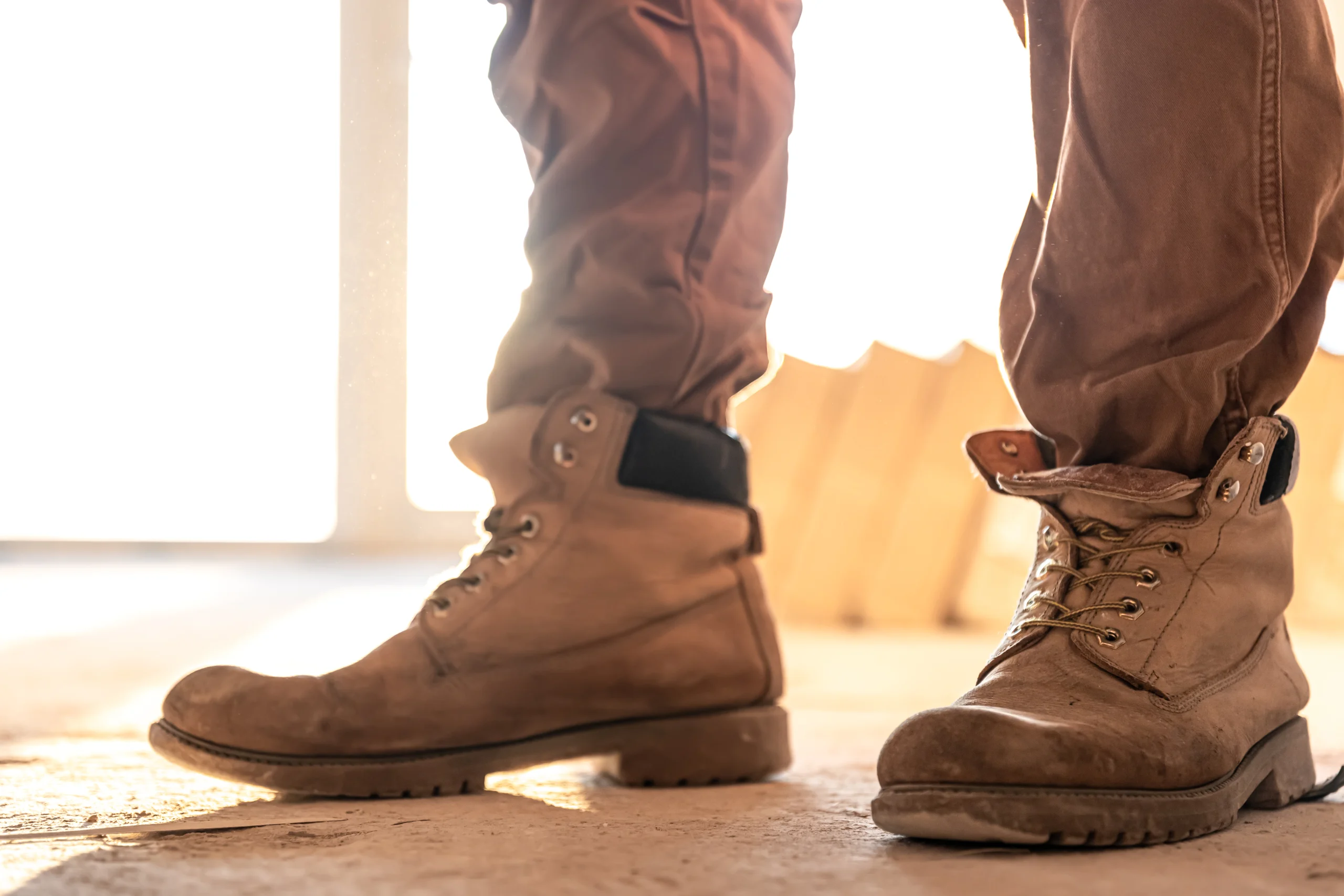 A close-up view of work boots being worn by someone on the construction site.