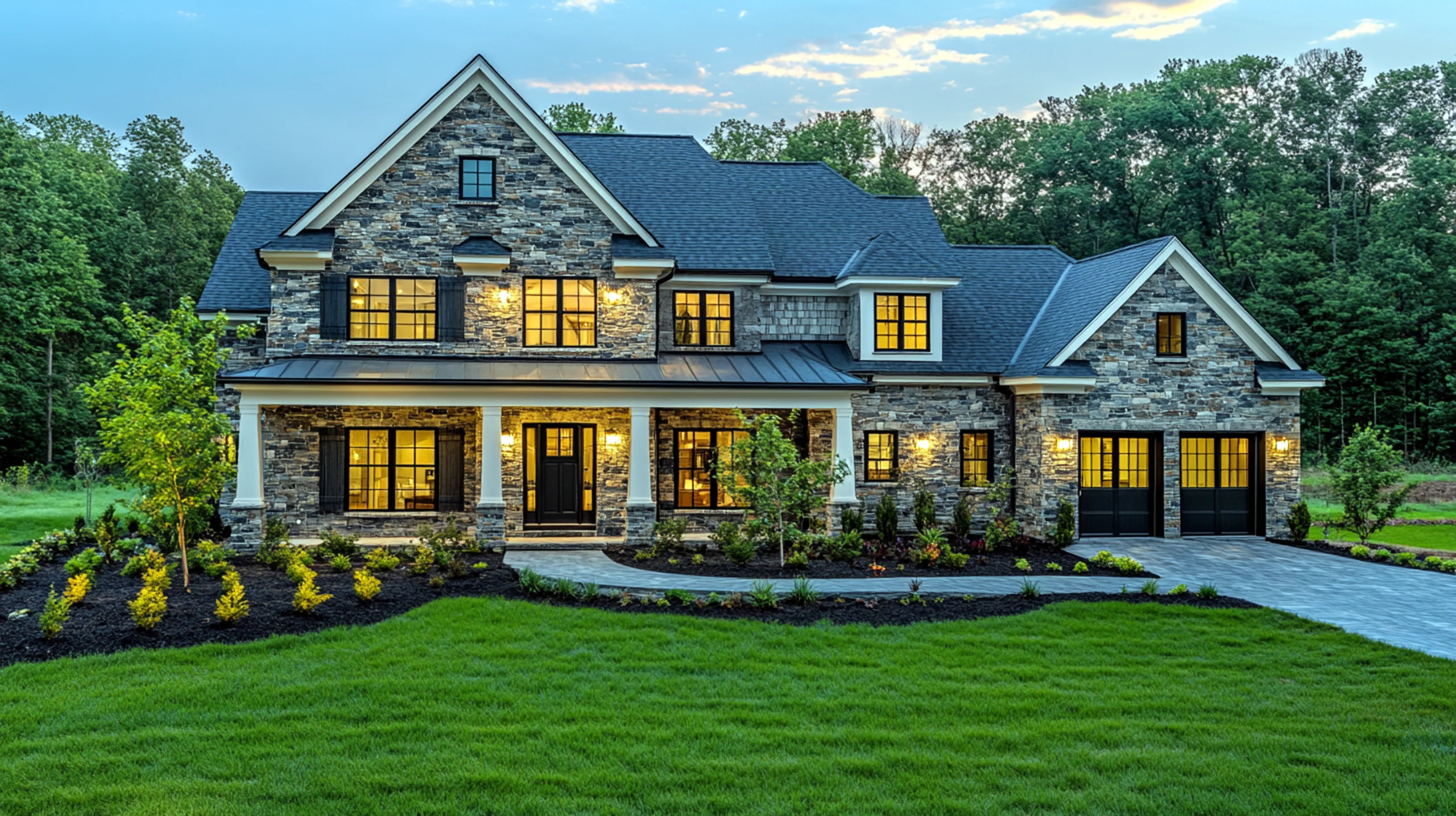 Refined Custom Home Building In Augusta, MO | BECC Builders, LLC A two-story stone house with black widows and an asphalt shingle roof.