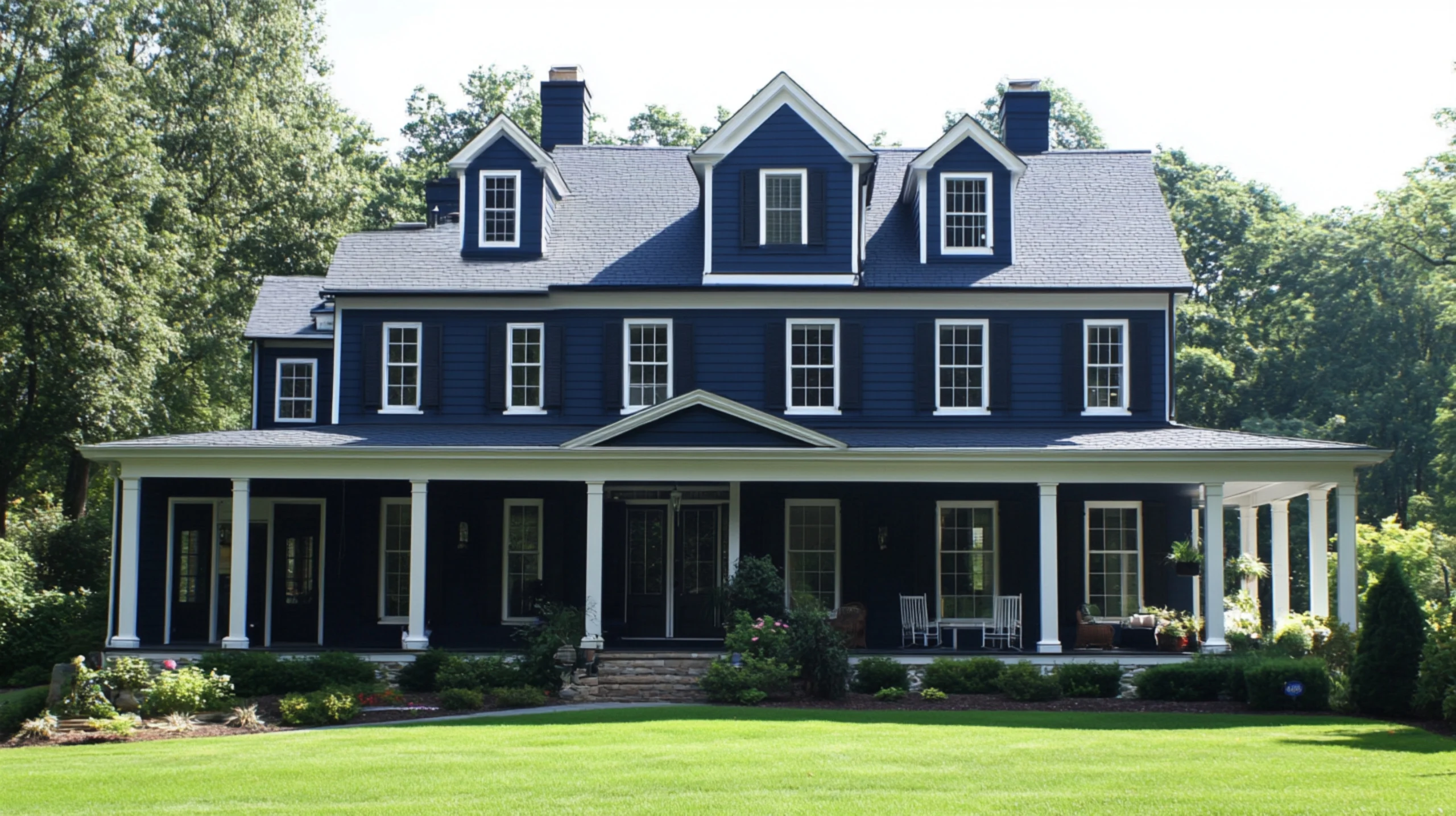 Sturdy Custom Home Building In Augusta, MO | BECC Builders, LLC Three-story blue house with white trim, white windows, black shutters, a shingle roof, and a wrap-around porch.