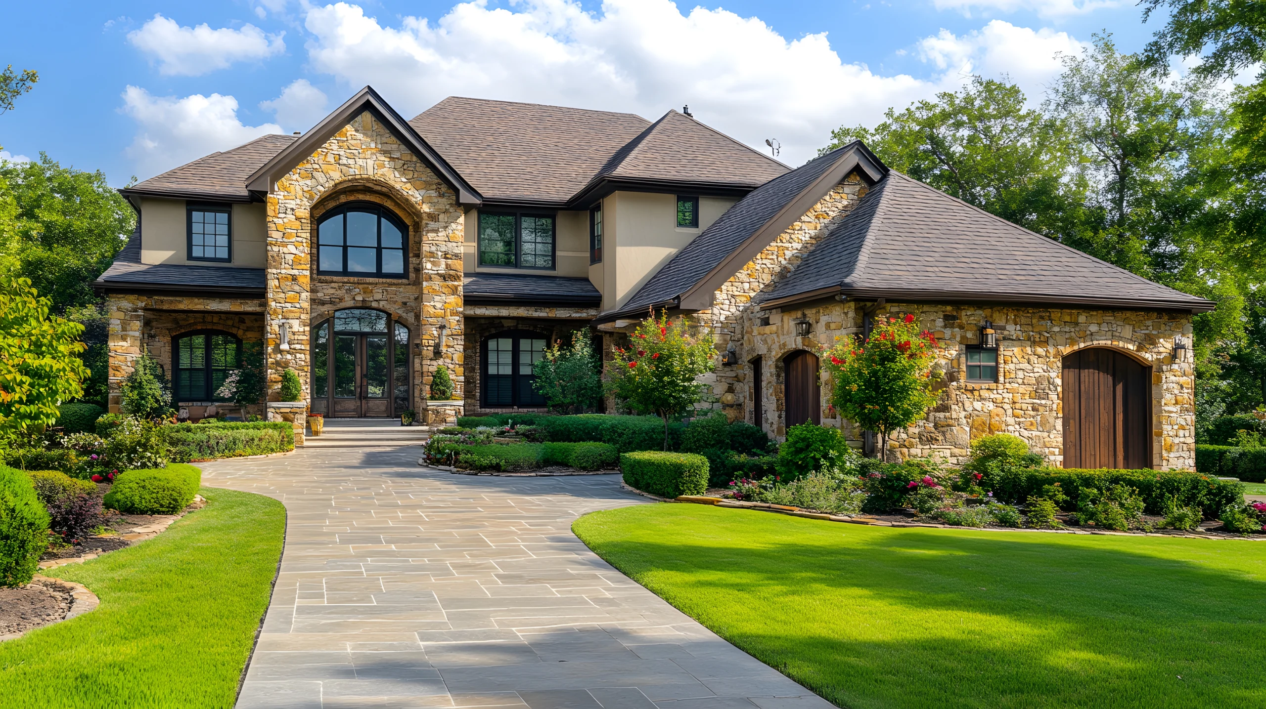 Timeless Custom Home Building In Augusta, MO | BECC Builders, LLC A two-story stone and tan house with black windows and a shingle roof.