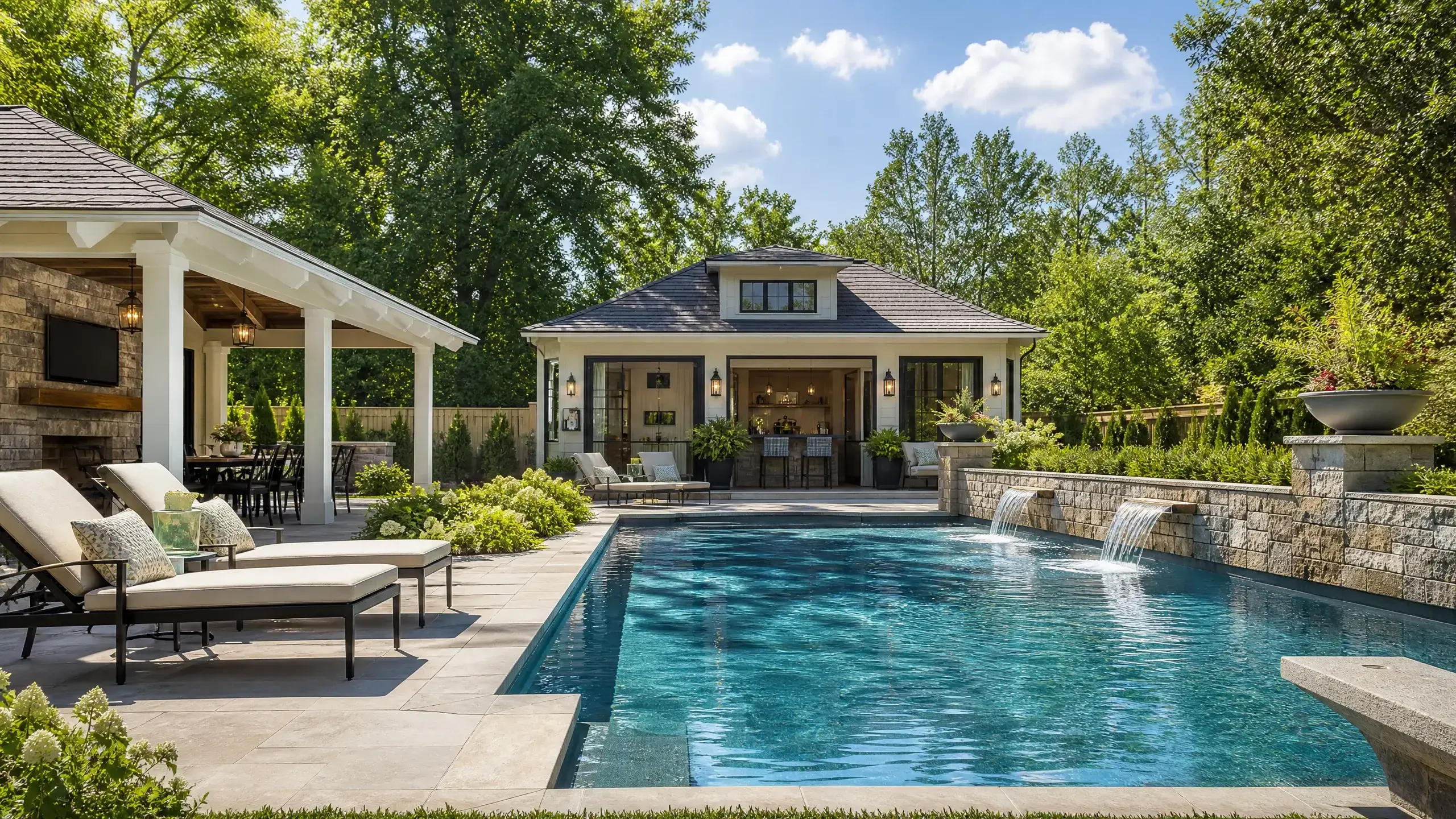 Backyard swimming pool with water features, lounge chairs, shaded dining areas, and a small pool house surrounded by trees.