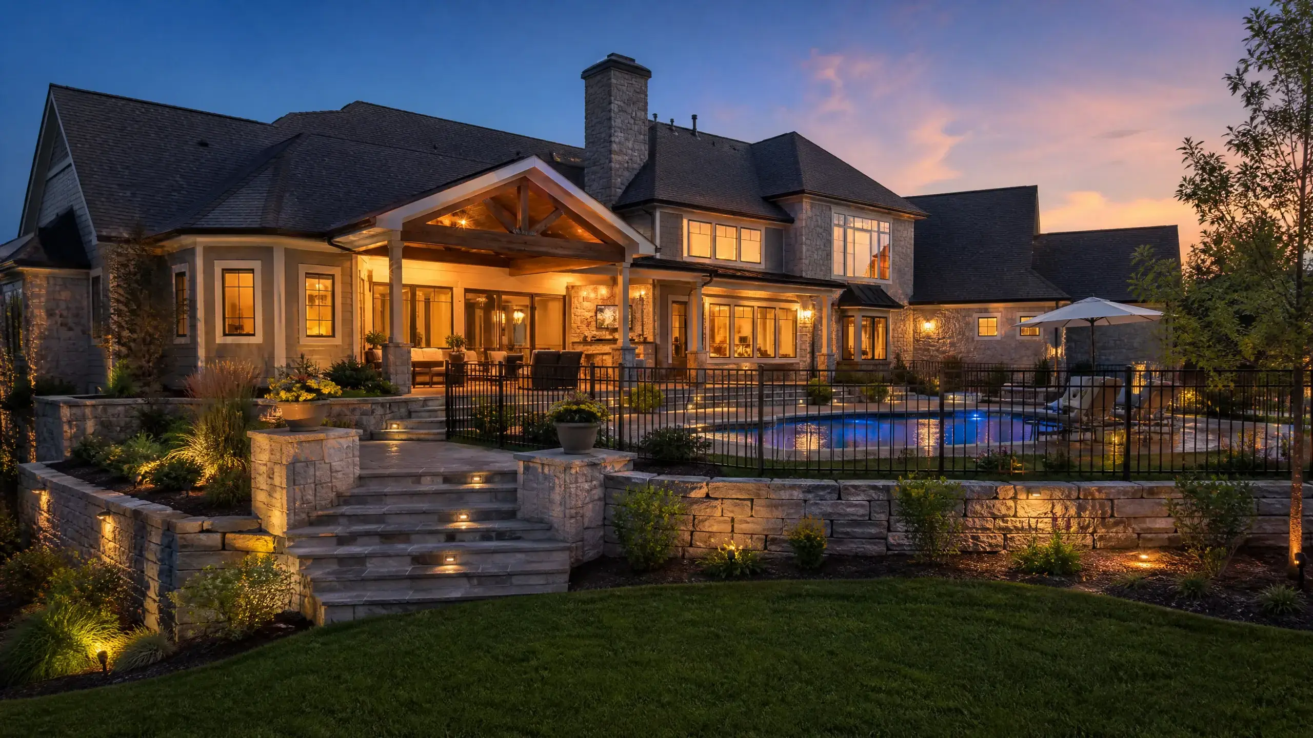 Front view of a large brick custom home with arched windows, black shutters, mature landscaping, and a broad lawn.