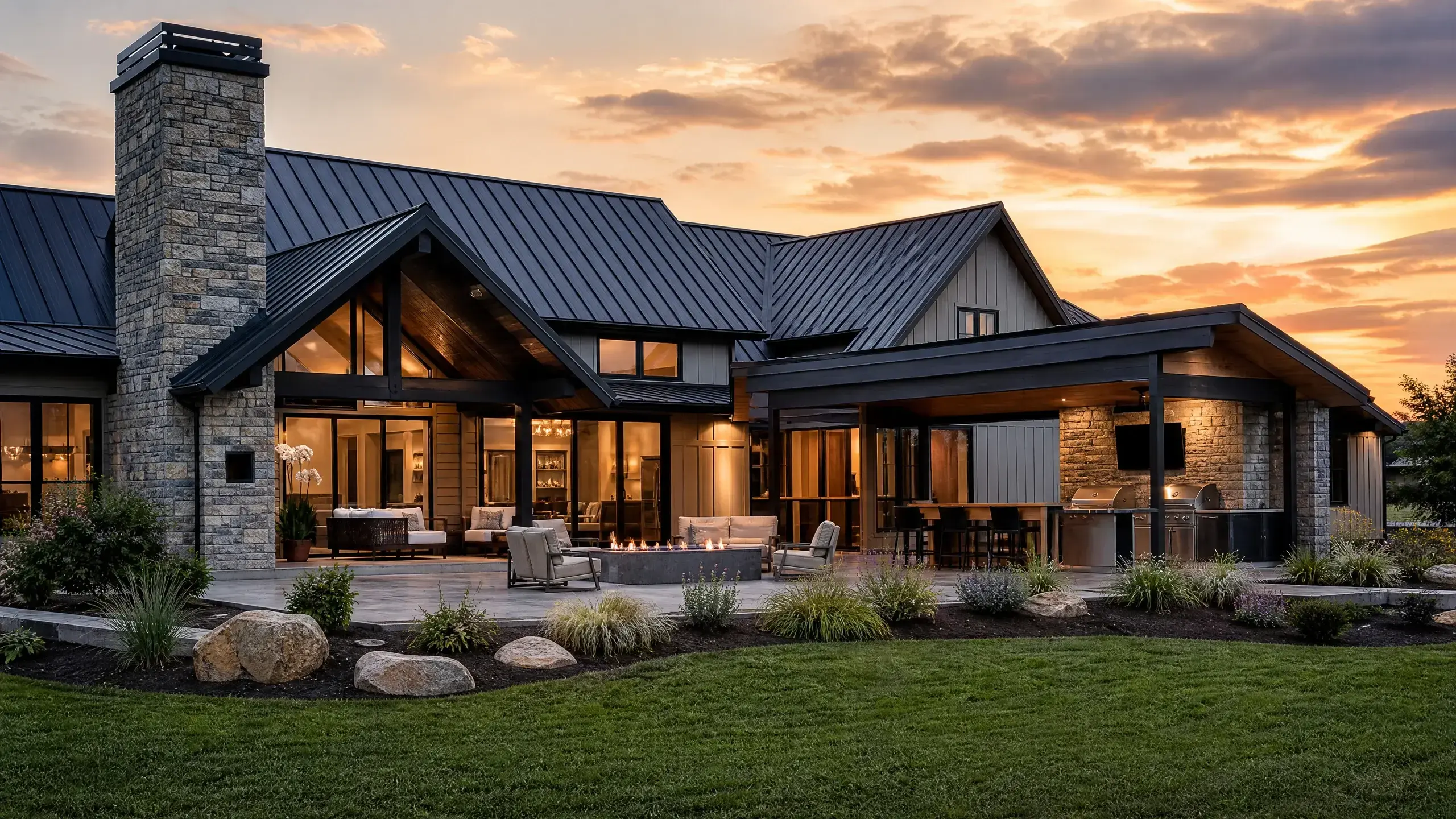 Grand Custom Home Design | Augusta, MO | BECC Builders, LLC Brick custom home with arched windows, a steep shingle roof, landscaped beds, and a manicured lawn.
