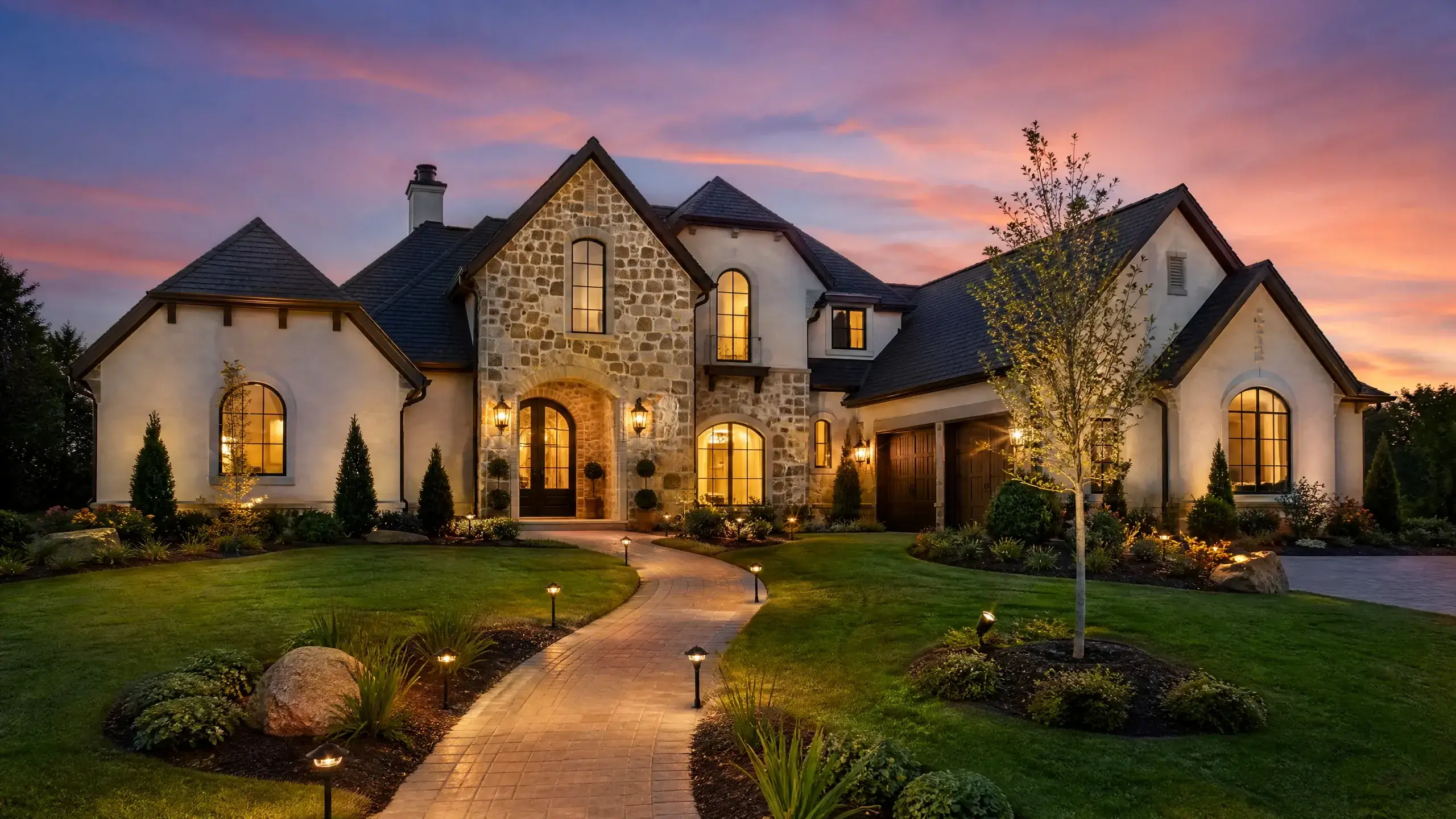 Outstanding Custom Home Design | Augusta, MO | BECC Builders, LLC Modern custom home with a metal roof, covered outdoor kitchen, patio seating, stone chimney, and landscaped lawn at sunset.