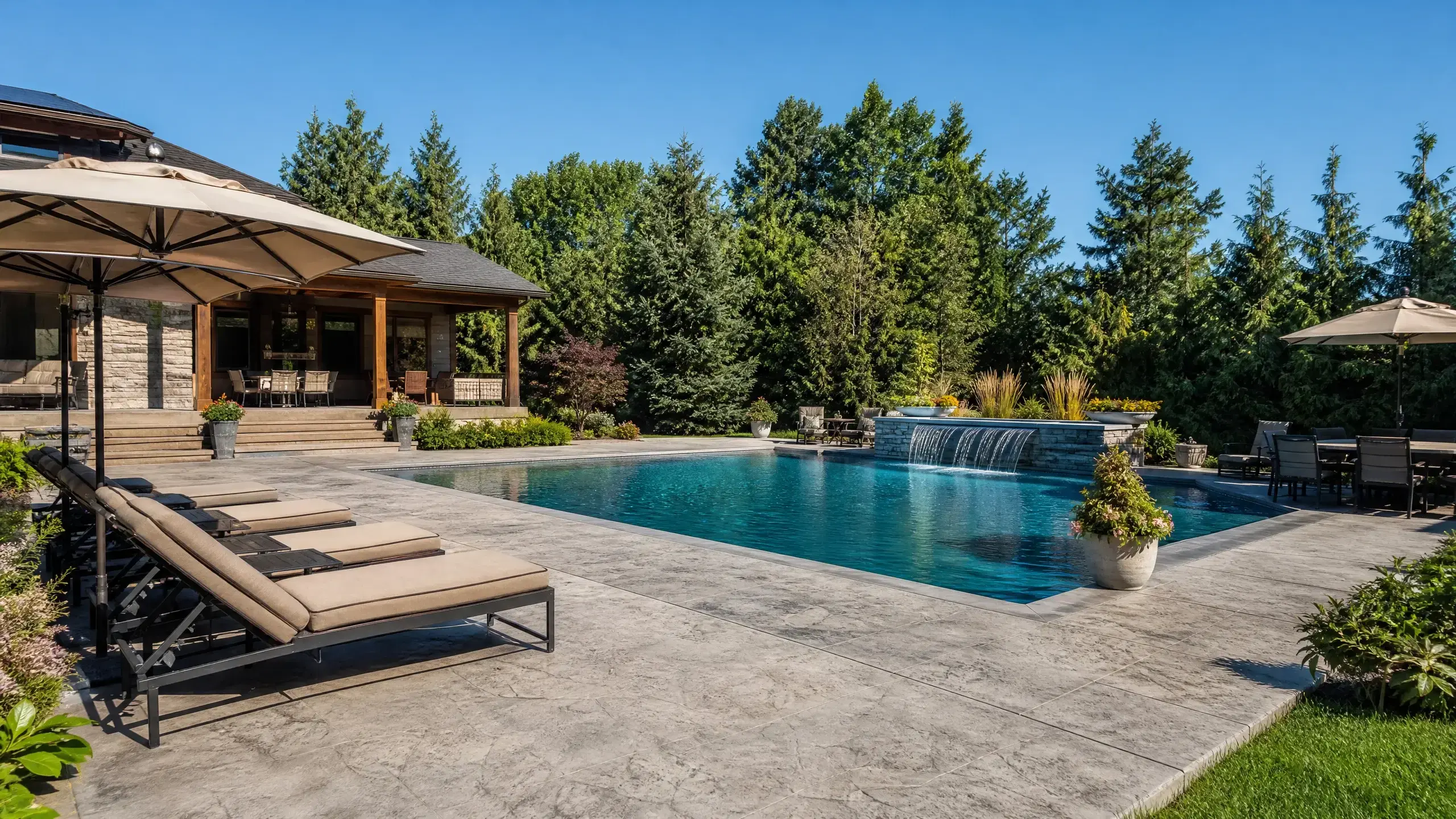 Backyard pool with a stamped concrete patio, lounge chairs, dining tables, umbrellas, and wooded privacy.